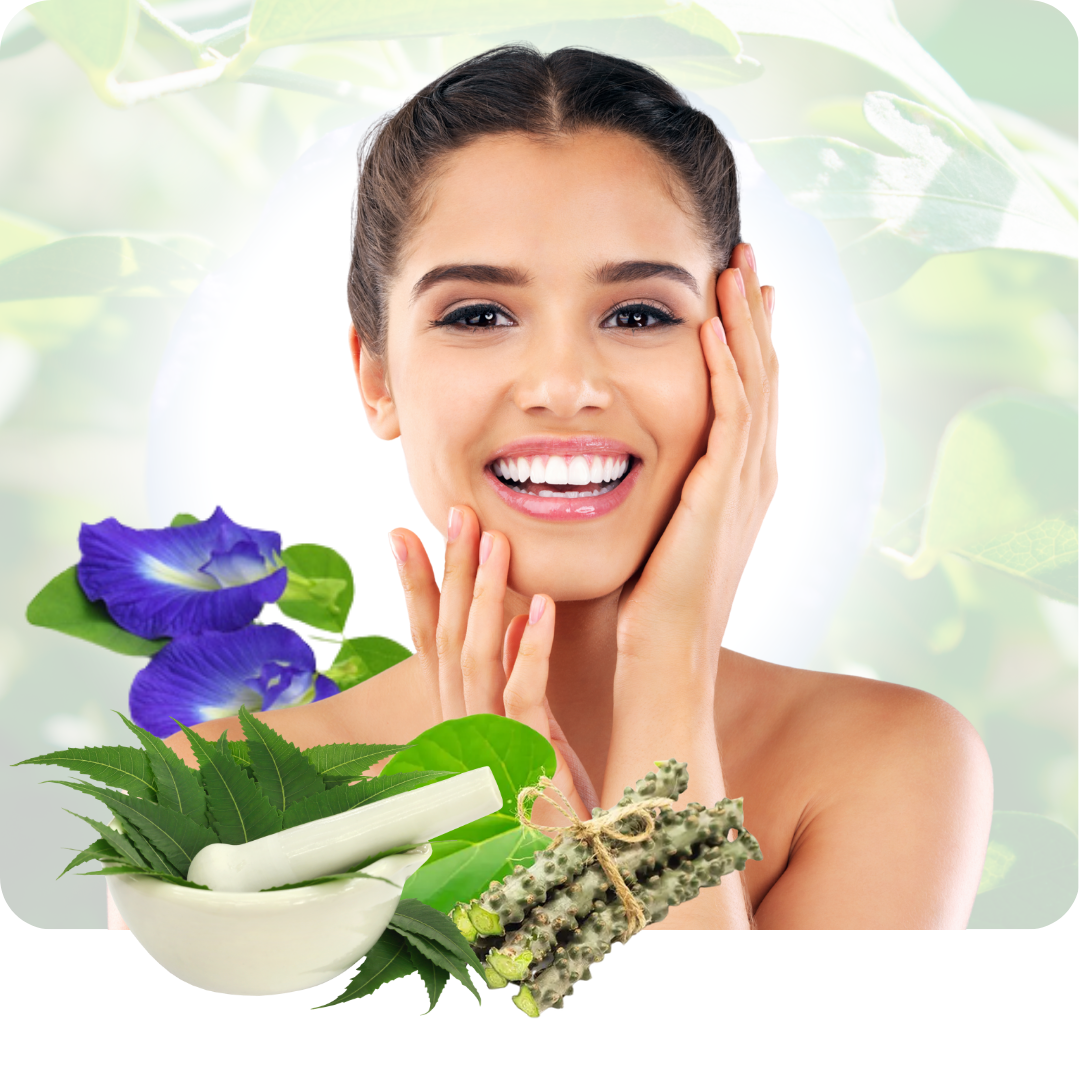 Detoxifying herbs Giloy, Neem, and Shankhpushpi for anti-aging skin care